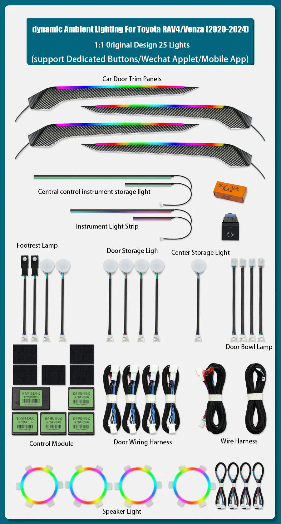 For 2020-2025 Toyota RAV4/Venza Illuminated Retrofit LED Atmosphere Light Interior Trim Ambient Light Set