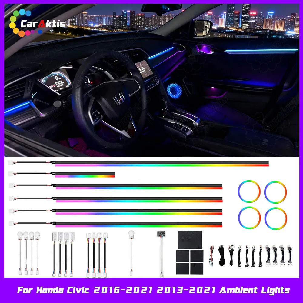 Symphony dynamic LED ambient lighting kit for 10th Gen Honda Civic 2016-2021, showcasing the full interior glowing effect.
