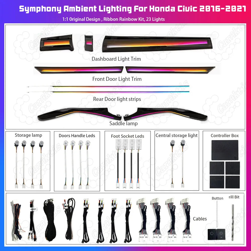CarAkits LED Interior Ambient Lighting Kit for Honda Civic (2016-2021) - Multi-Color Atmosphere Sync