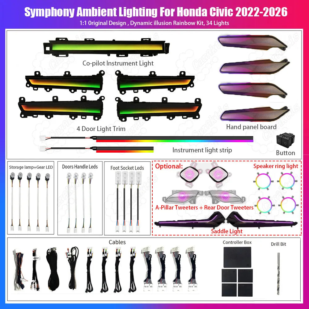 CarAktis For Honda Civic 2022-2026 11th LED Flash illuminate Ambient Light Atmosphere Interior Lamp