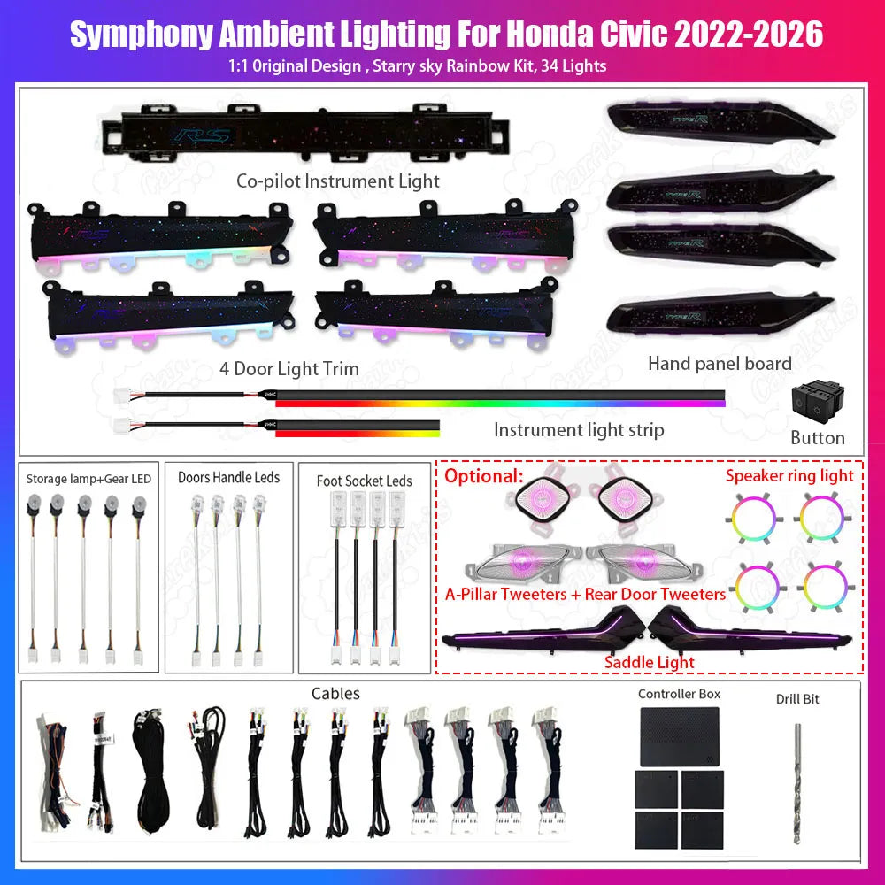 CarAktis For Honda Civic 2022-2026 11th LED Flash illuminate Ambient Light Atmosphere Interior Lamp