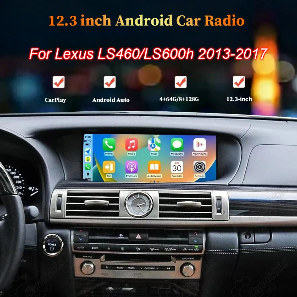 12.3 inch Android car radio and CarPlay display upgrade for Lexus LS460 and LS600h 2013-2017 dashboard.