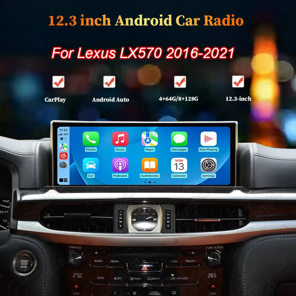 12.3 inch Android car radio and multimedia screen upgrade mounted in Lexus LX570 dashboard.