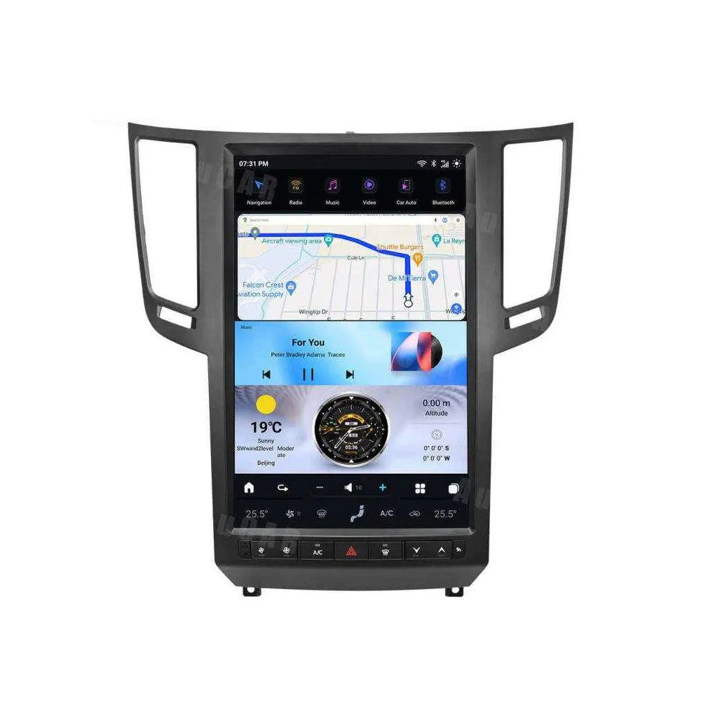 14.5-inch Tesla-style vertical Android head unit with integrated dash frame and climate control interface for Infiniti QX70 FX35.