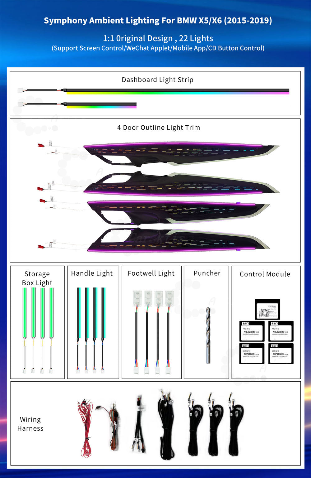 CarAktis Upgrade Symphony Ambient Lighting Kit For BMW X5 X6 F15 F16 2015-2019 Interior LED Light Accessories Trim Panel