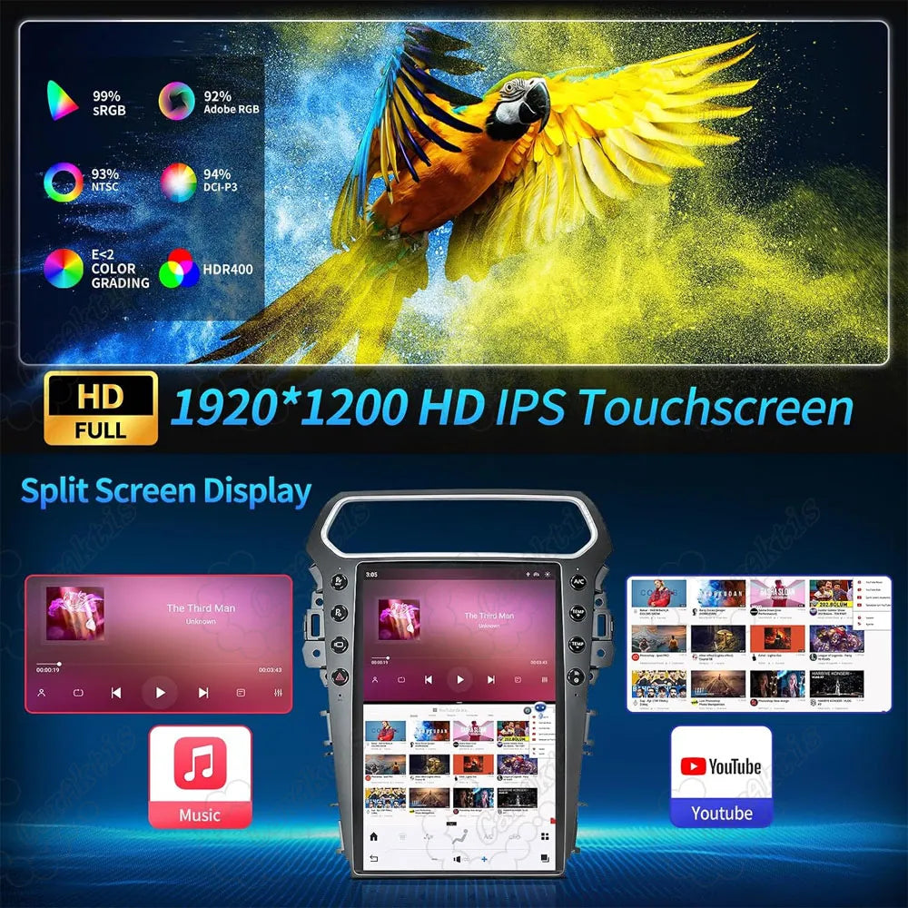 1920x1200 HD IPS touchscreen display supporting multi-window split screen playback.