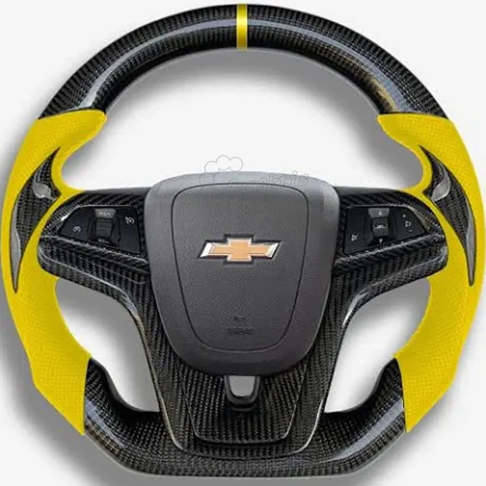 Custom gloss carbon fiber steering wheel for 2012-2024 Chevrolet Camaro, featuring bright yellow leather side grips, a yellow 12 o&