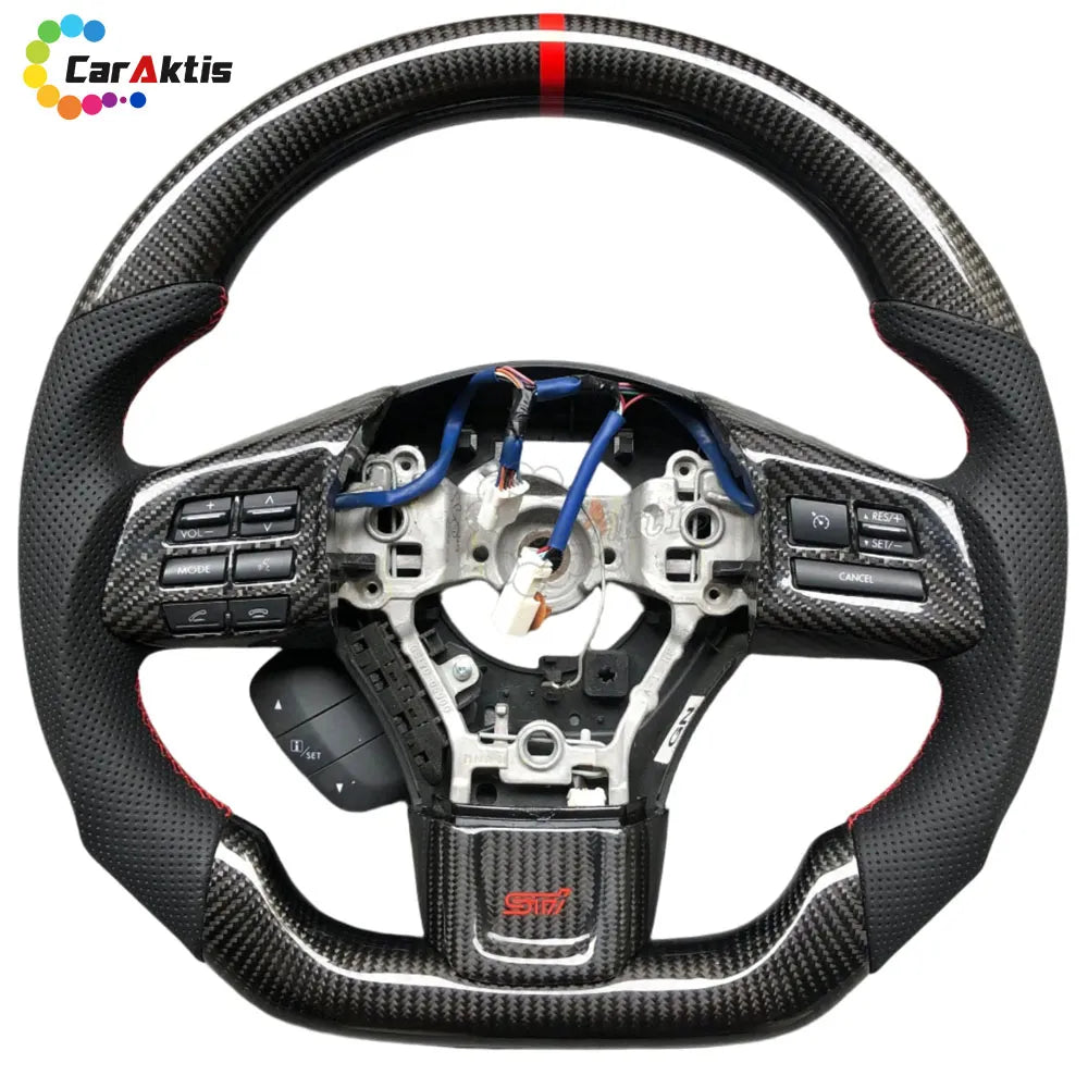 015-2021 Subaru WRX/STI Custom Carbon Fiber Steering Wheel with Black Perforated Leather and Red Stitching - Front View