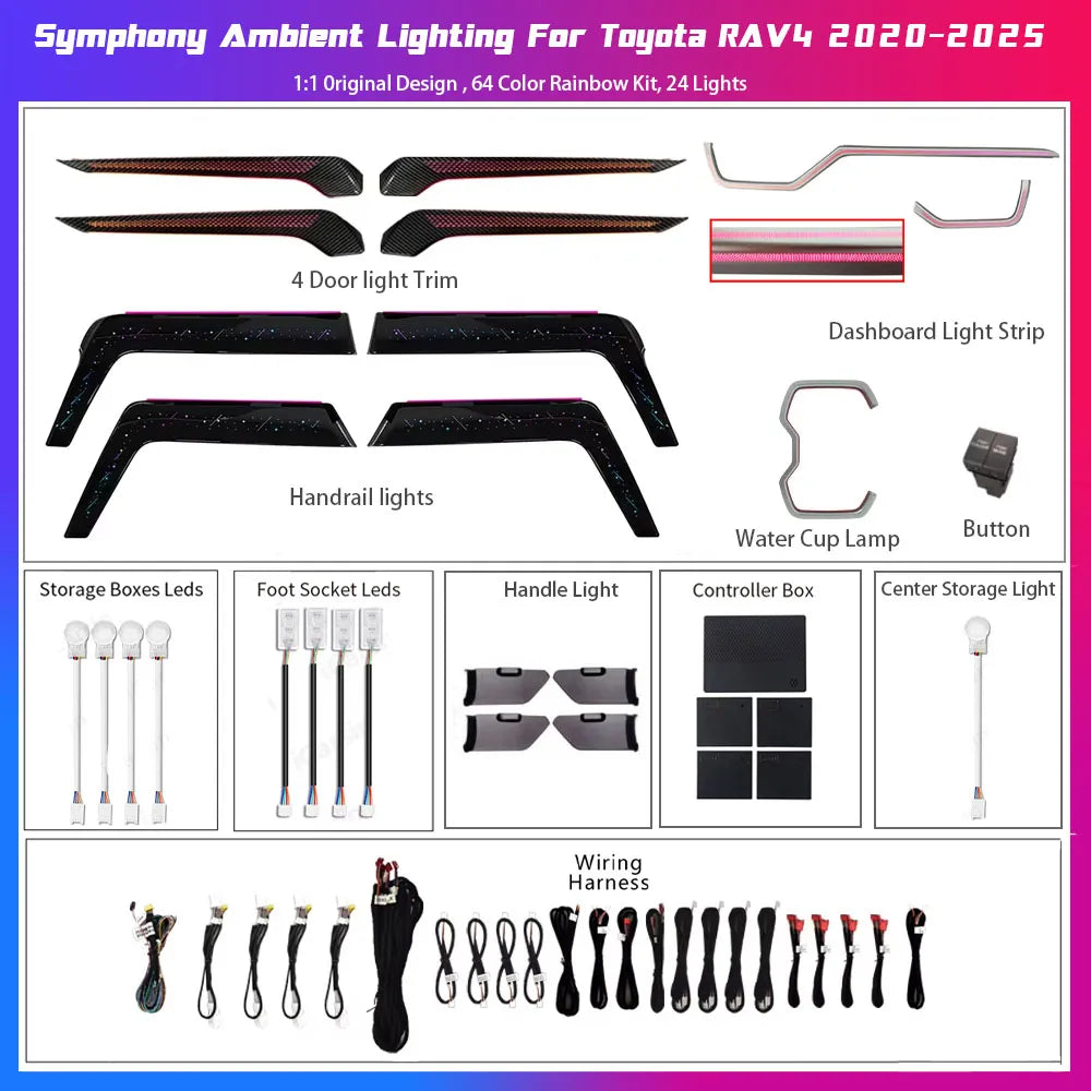 Premium 24-light ambient lighting kit contents for 2019-2025 Toyota RAV4 and Venza, including armrest trim, dashboard trim, illuminated cup holder, door lights, and complete interior LED atmosphere lighting components.
