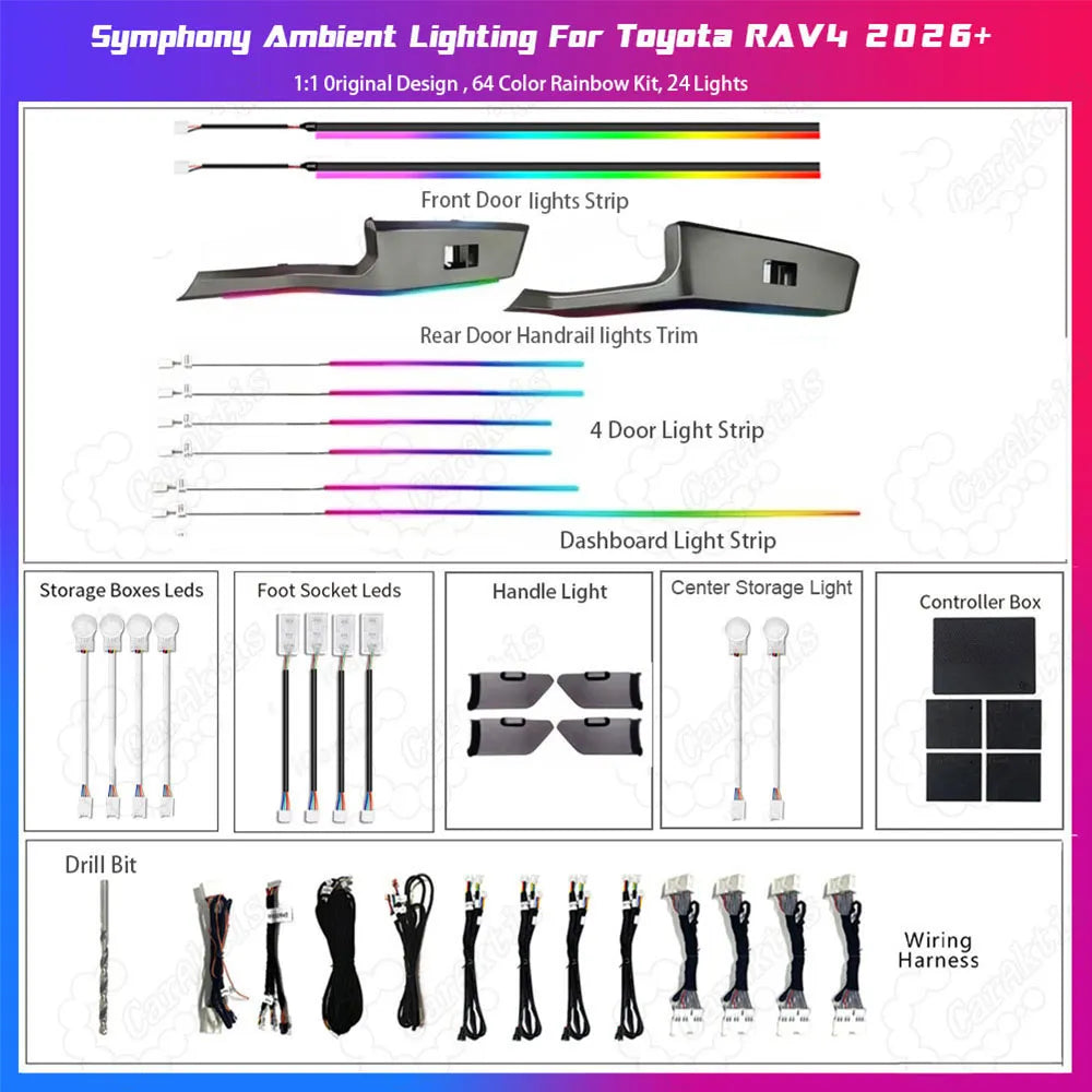 Product catalog photo on a clean white background showing all 25 pieces of the Toyota RAV4 ambient light kit, including light strips, wiring harnesses, and LED modules.