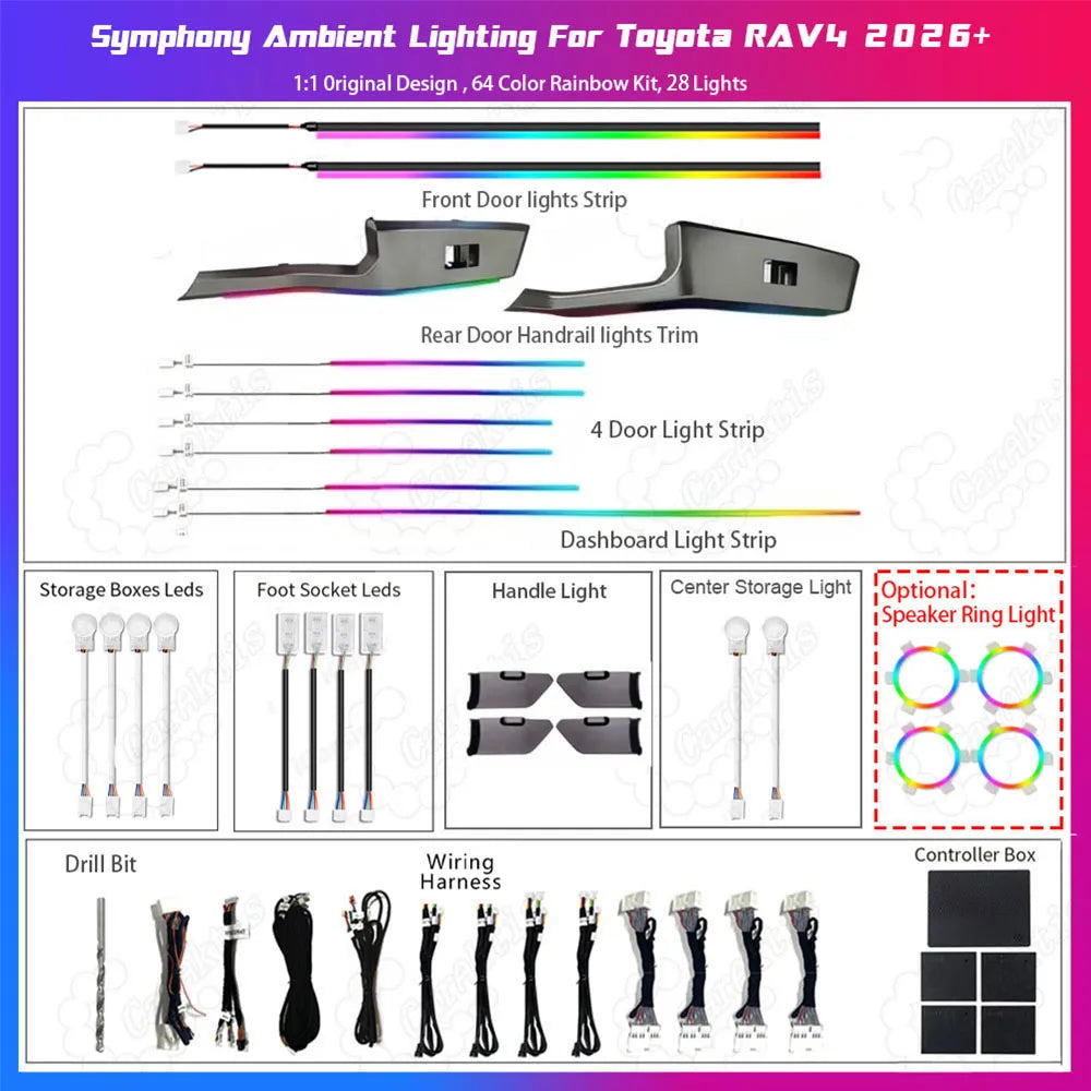 Complete 25-piece ambient lighting kit for 2026 RAV4 on a white background, featuring the 4 optional upgrading LED speaker ring lights and door speaker accents.