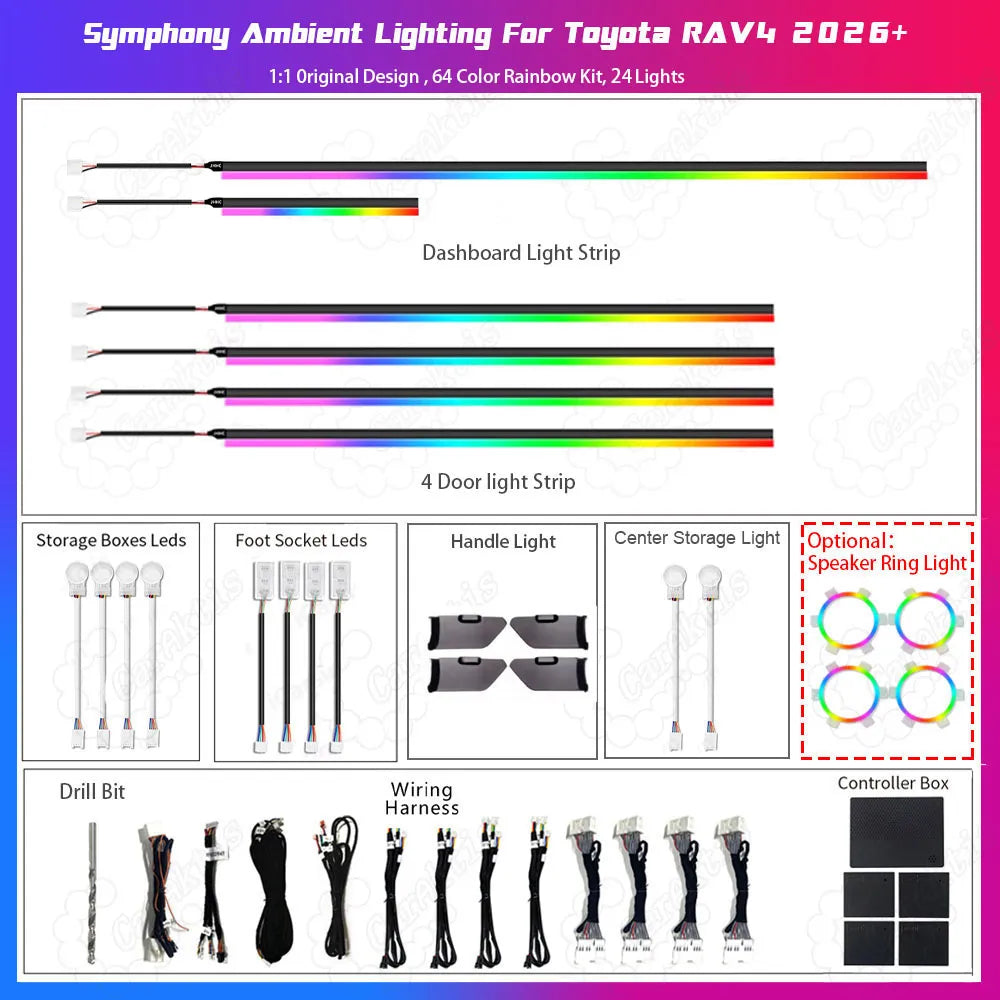 Product inclusion list for the 2026 Toyota RAV4 featuring hidden light strips, dynamic chasing ambient lighting, and optional glowing speaker rings.
