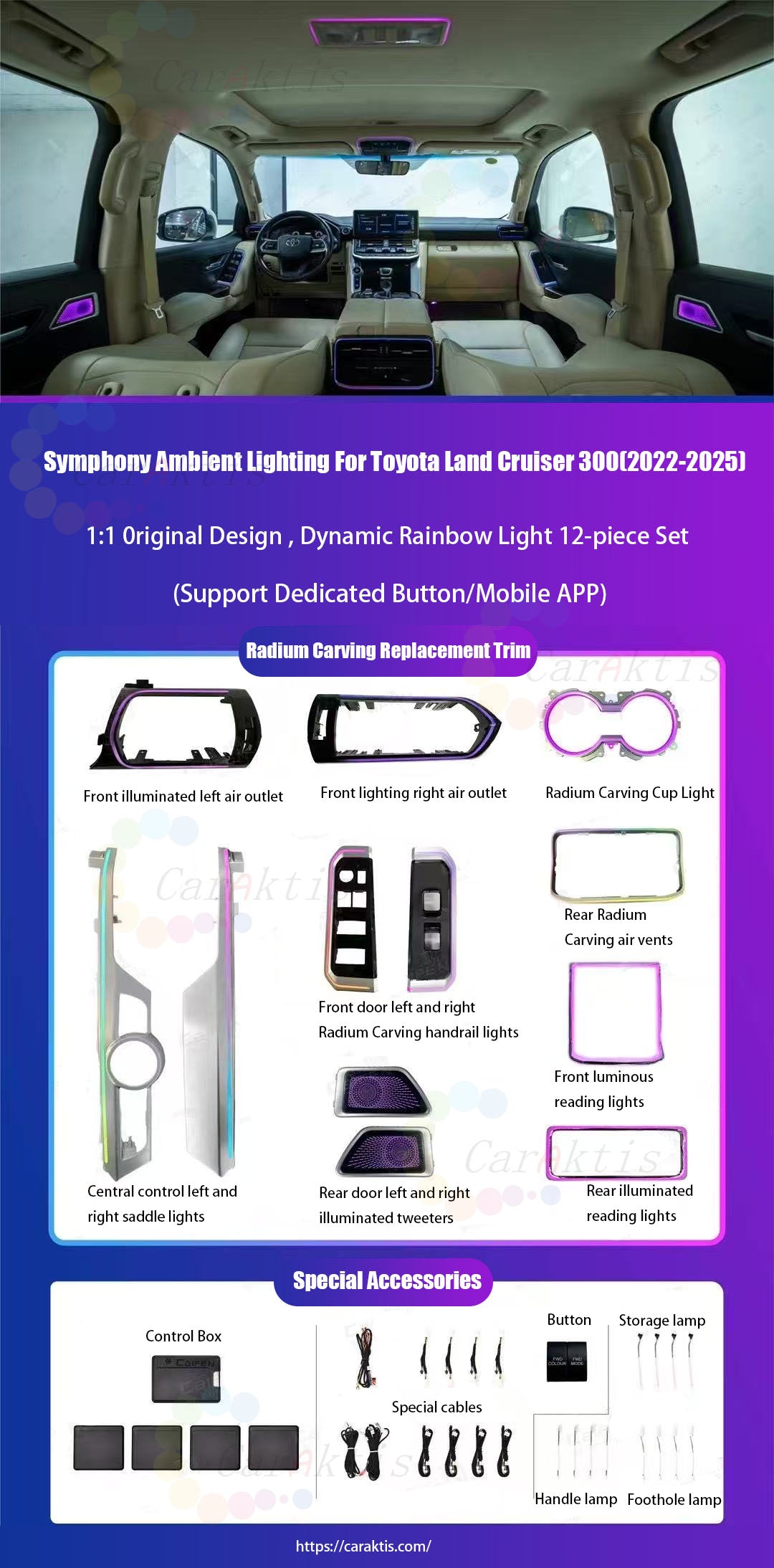64-Color LED Ambient Interior Light Kit for Toyota Land Cruiser LC300 2022–2025 Multicolor Symphony Atmosphere Strip Upgrade