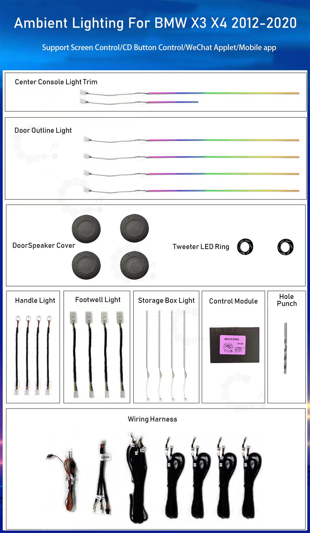 CarAktis For BMW X3 X4 F25 F26 2012-2017 Ambient Light Led Multi Colors Atmosphere Light