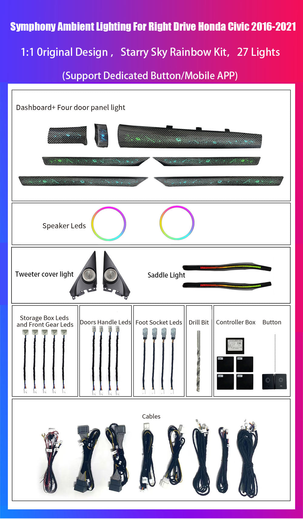 CarAkits LED Safety assistance systems Ambient Light For Honda Civic Right Hand 2016-2021 Interior Decoration