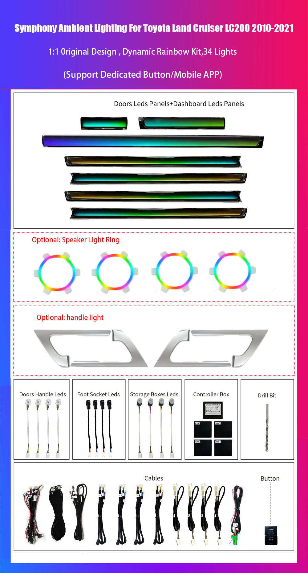 Upgrade 64 Colors Led Car Interior Ambient Lighting for Toyota Land Cruiser LC200 2008-2021 Accessories