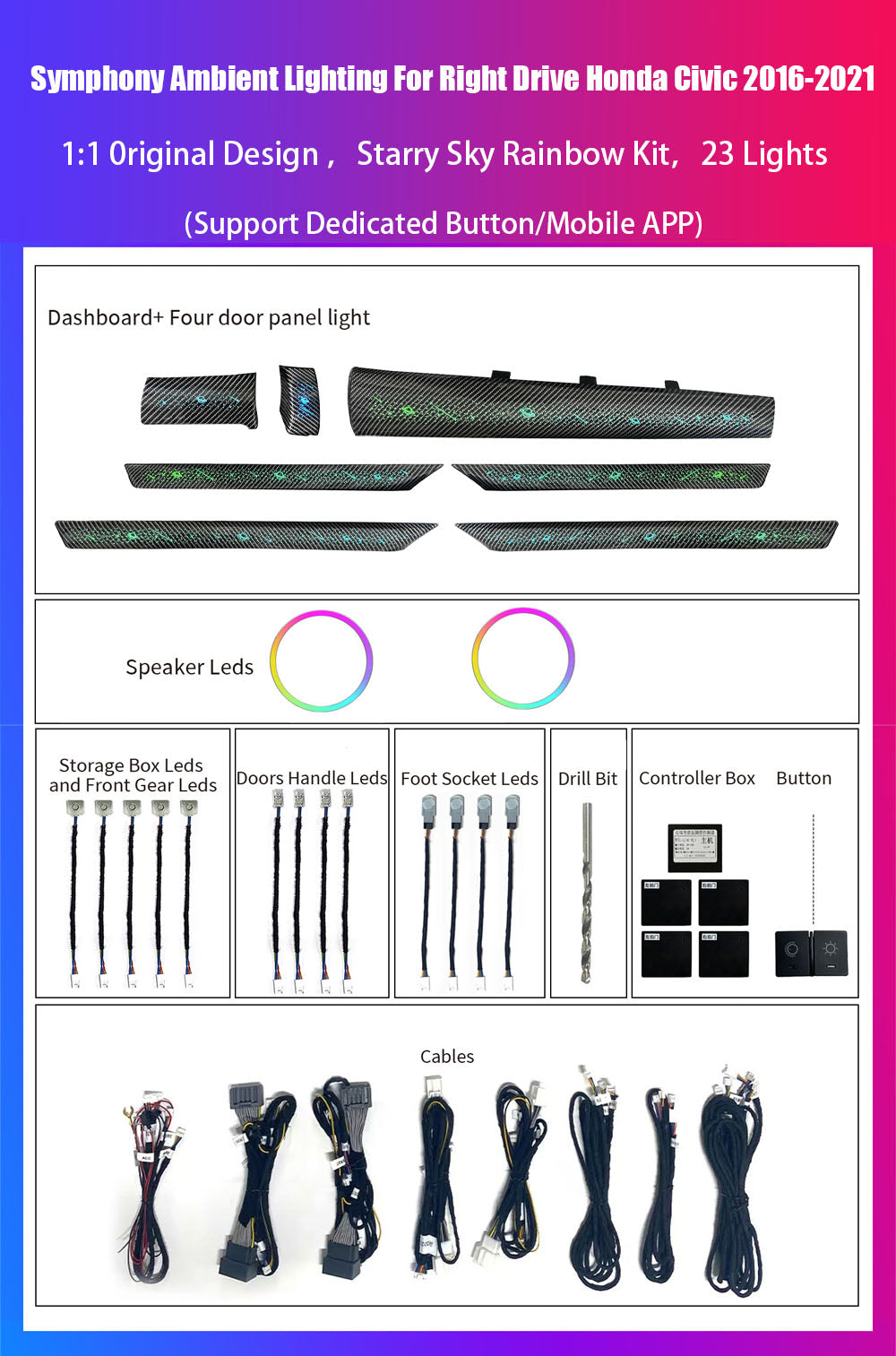 CarAkits LED Safety assistance systems Ambient Light For Honda Civic Right Hand 2016-2021 Interior Decoration