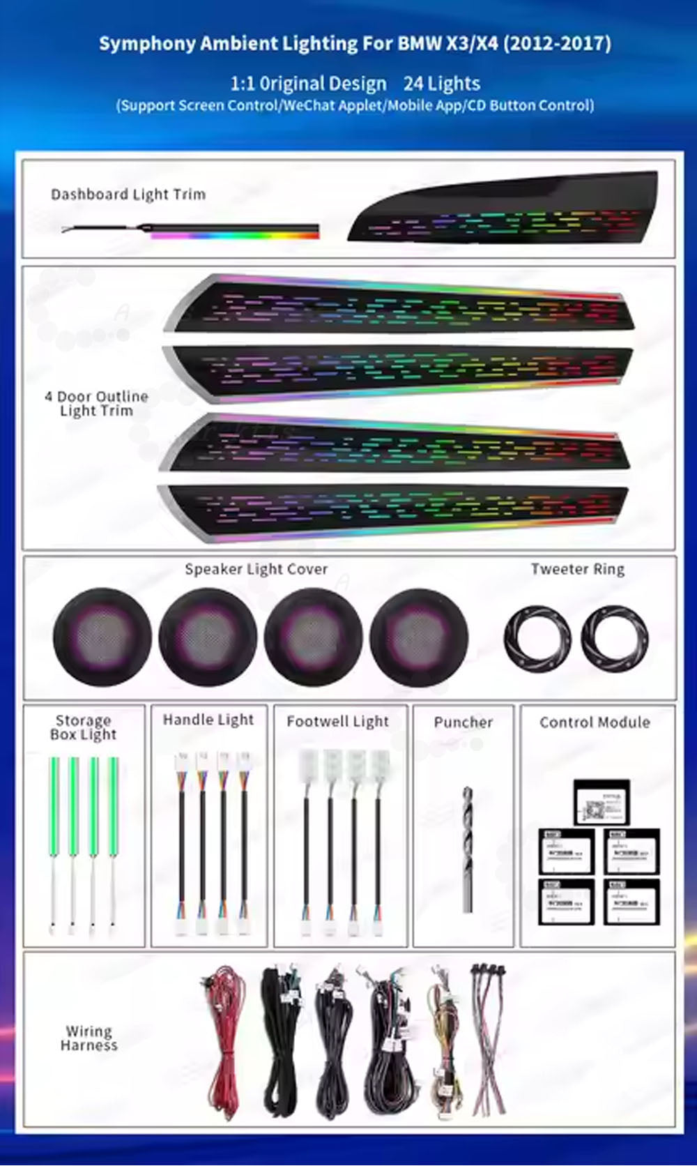 CarAktis Replace Ambient Lighting Kit For BMW X3 X4 F25 F26 2012-2017 Symphony LED Light Accessories Trim Panel