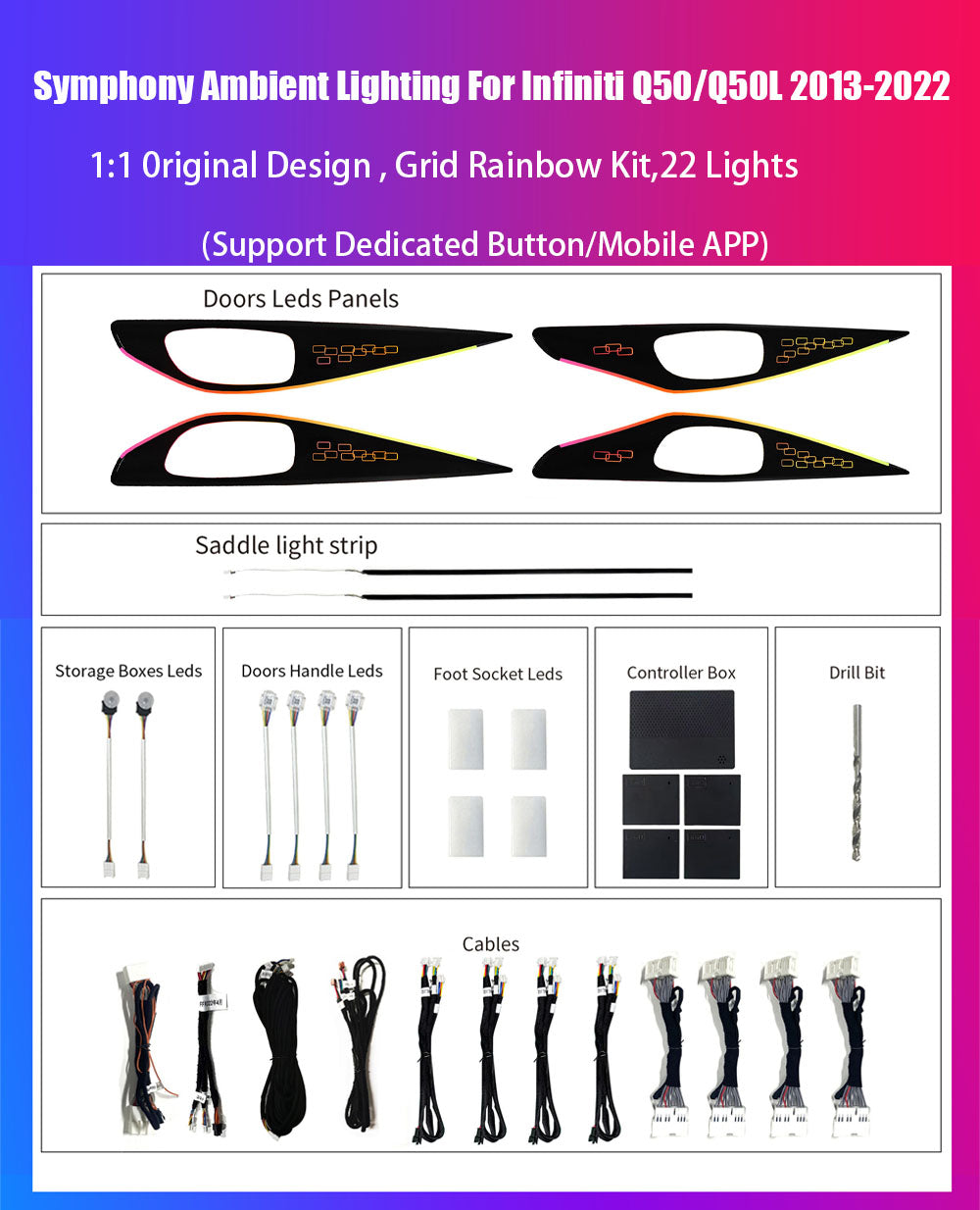 Premium Car Interior Ambient Lights for Infiniti Q50/Q50L 2013-2022 Ambient Light Kit Dream Color Chasing Car Atmosphere Lamp