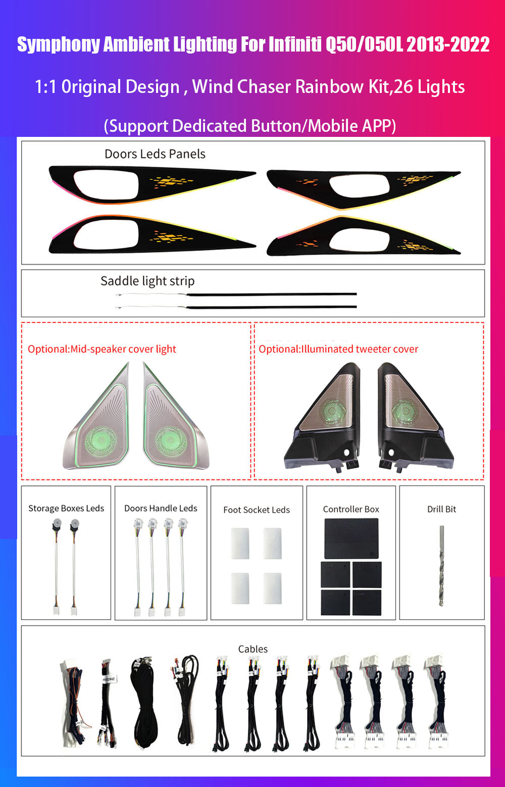Premium Car Interior Ambient Lights for Infiniti Q50/Q50L 2013-2022 Ambient Light Kit Dream Color Chasing Car Atmosphere Lamp