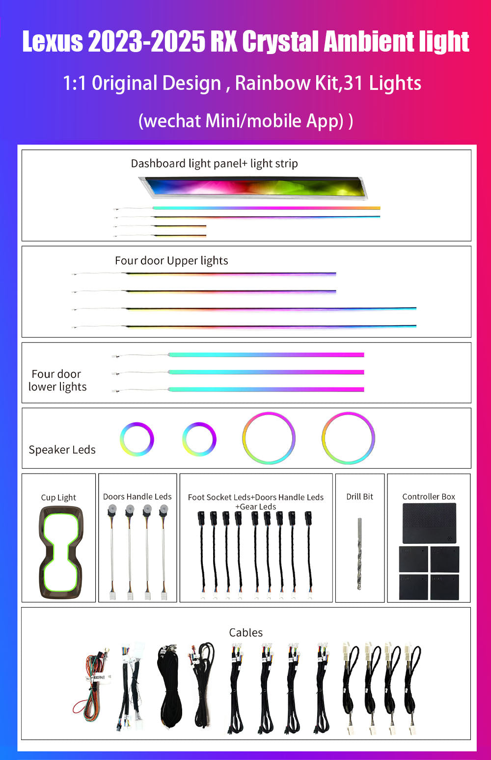 CarAkits 64 Colors Crystal Dynamic Ambiance Light For Lexus RX 2023+ Ambient Light Automotive interior lighting