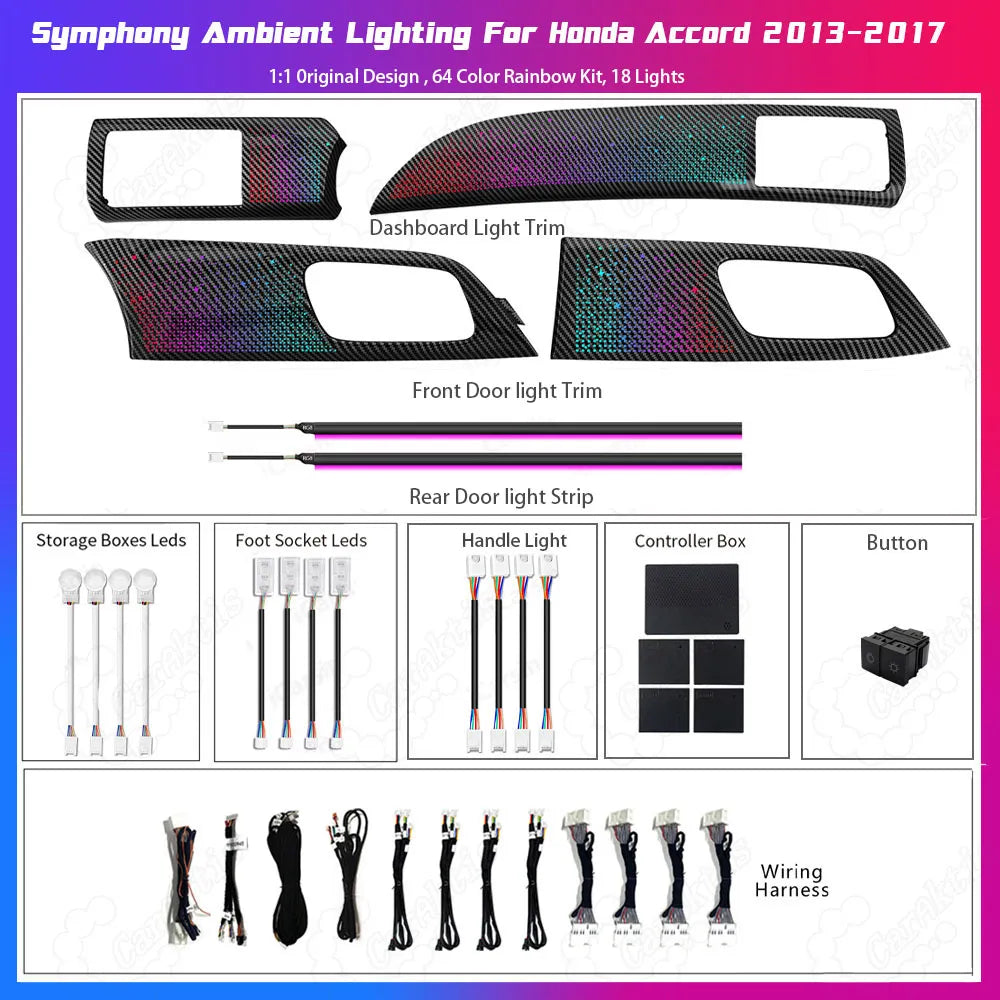 Honda Accord (2013-2017) 9th Gen Active Ambient Lighting Kit - 1:1 OEM Replacement, APP Control & Dynamic Sync