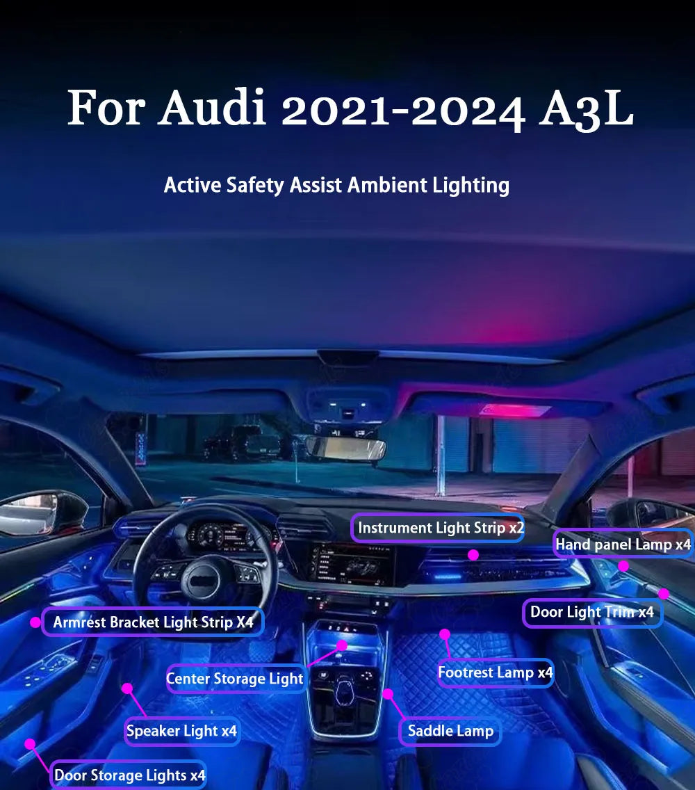 CarAkits Dynamic LED Ambient Light For  Audi 2021-2024 A3L  Interior Decoration with Colorful Features