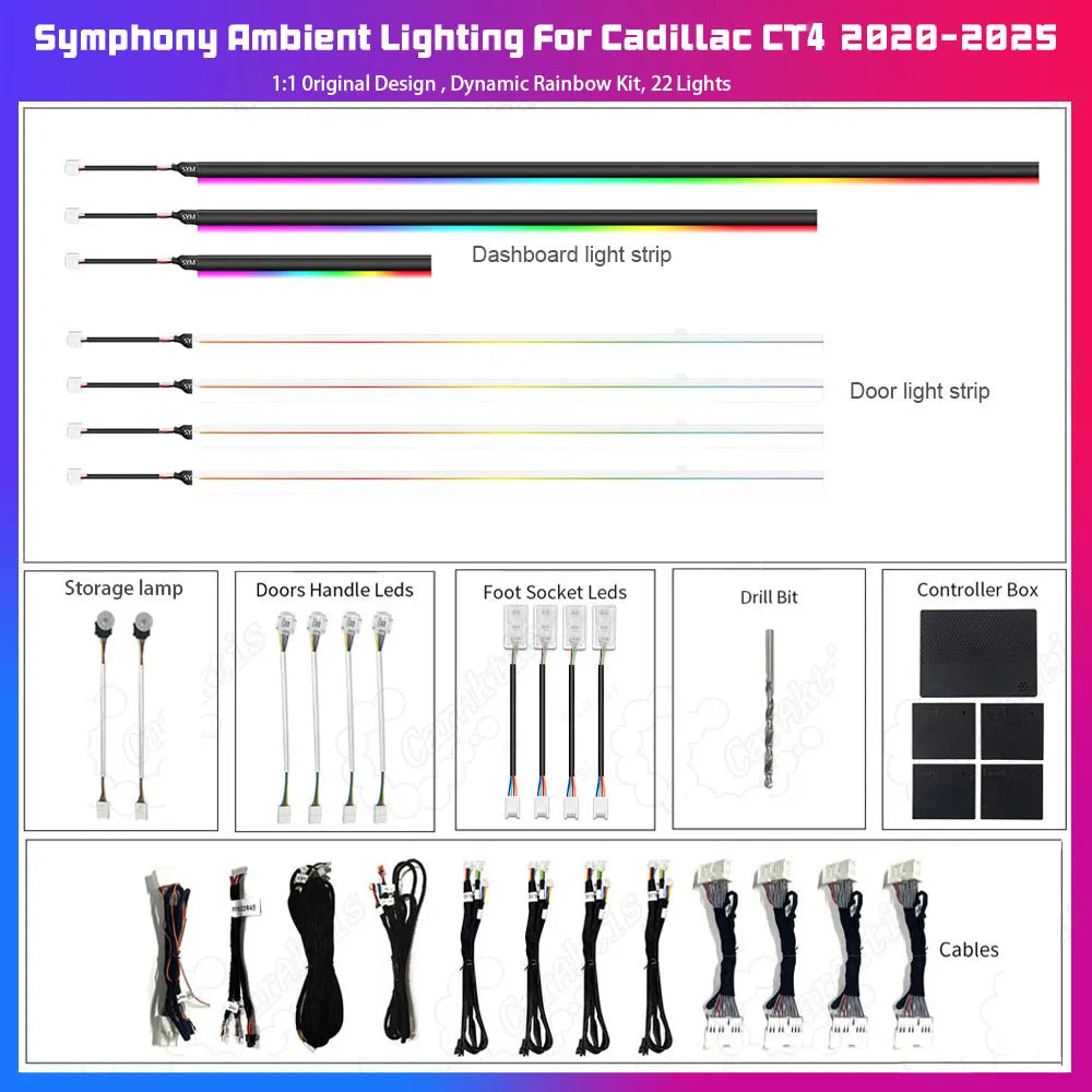 Cadillac CT4 2020–2025 Interior Ambient Lighting Upgrade – Dynamic 64-Color Rainbow Symphony Kit