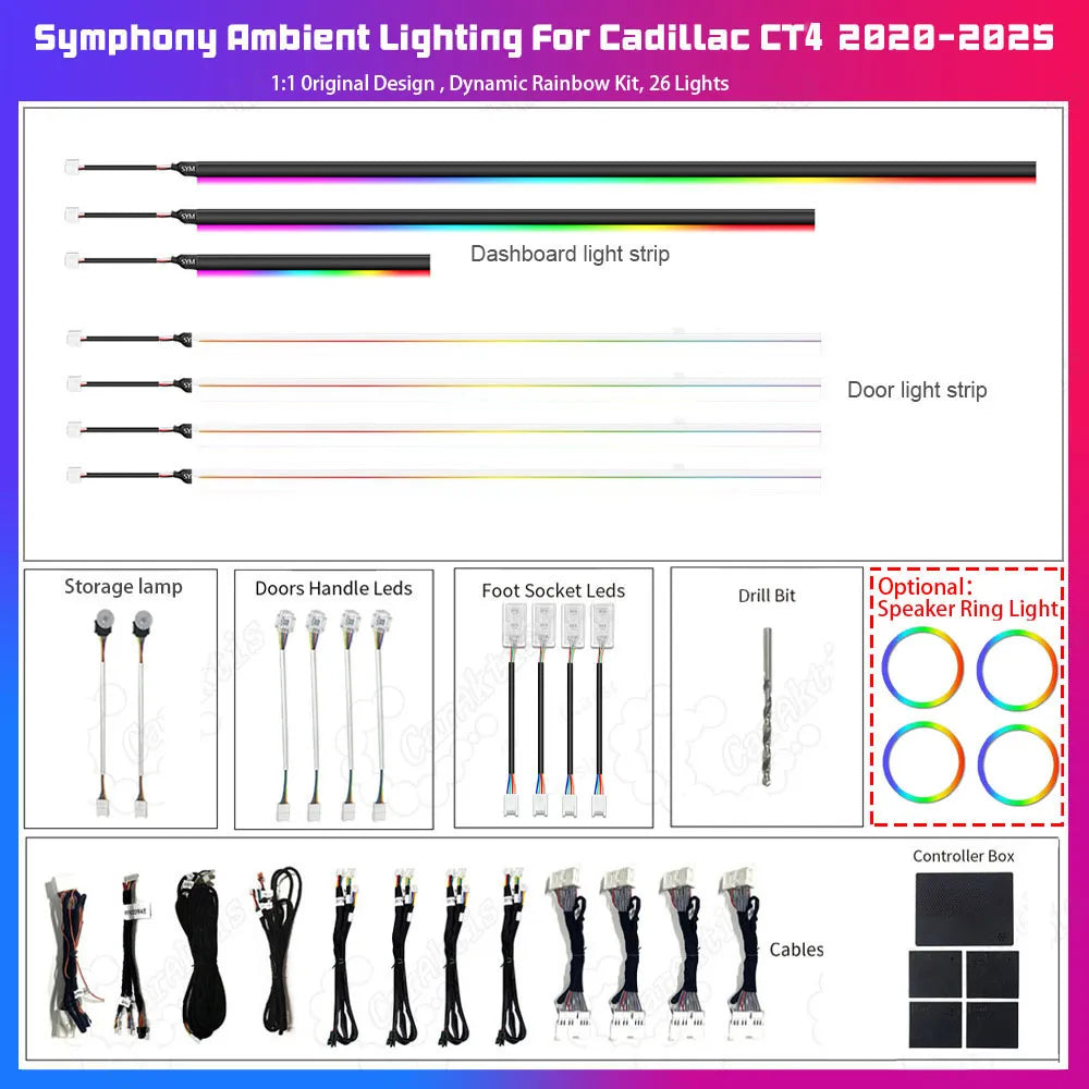 Cadillac CT4 2020–2025 Interior Ambient Lighting Upgrade – Dynamic 64-Color Rainbow Symphony Kit