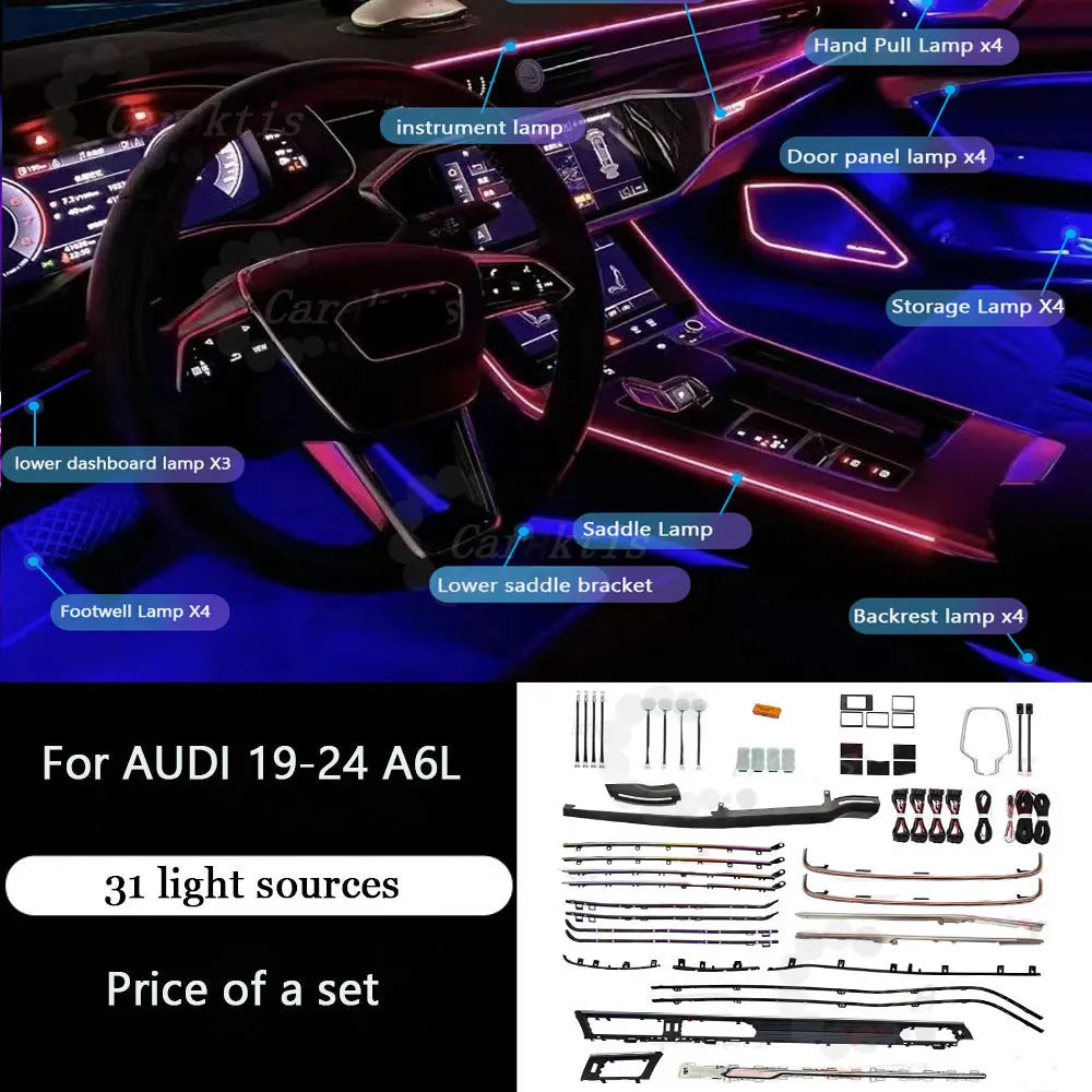CarAkits 64 Colors Dynamic Ambient Light For Audi A6L C7 2019-2024 Illuminated Automotive Interior Decoration