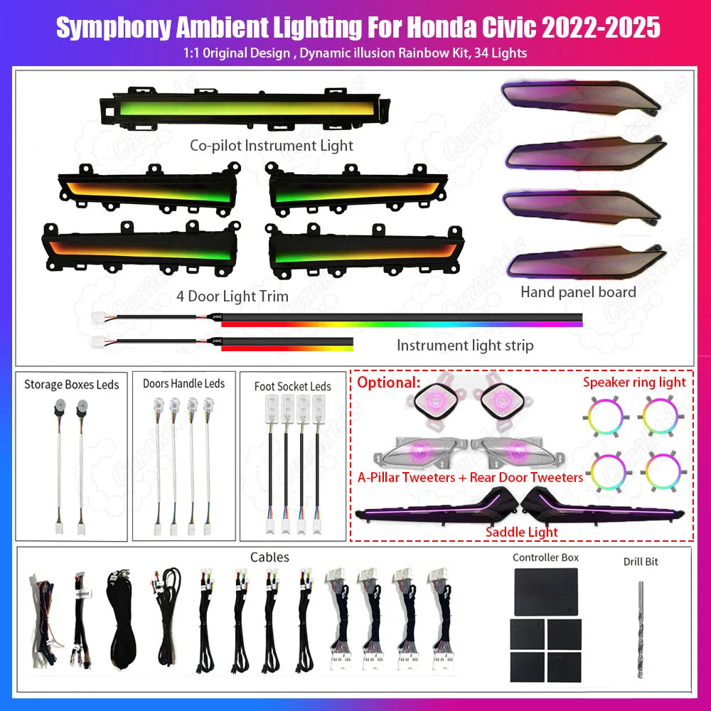 CarAktis For Honda Civic 2022-2025 11th LED Flash illuminate Ambient Light Atmosphere Interior Lamp