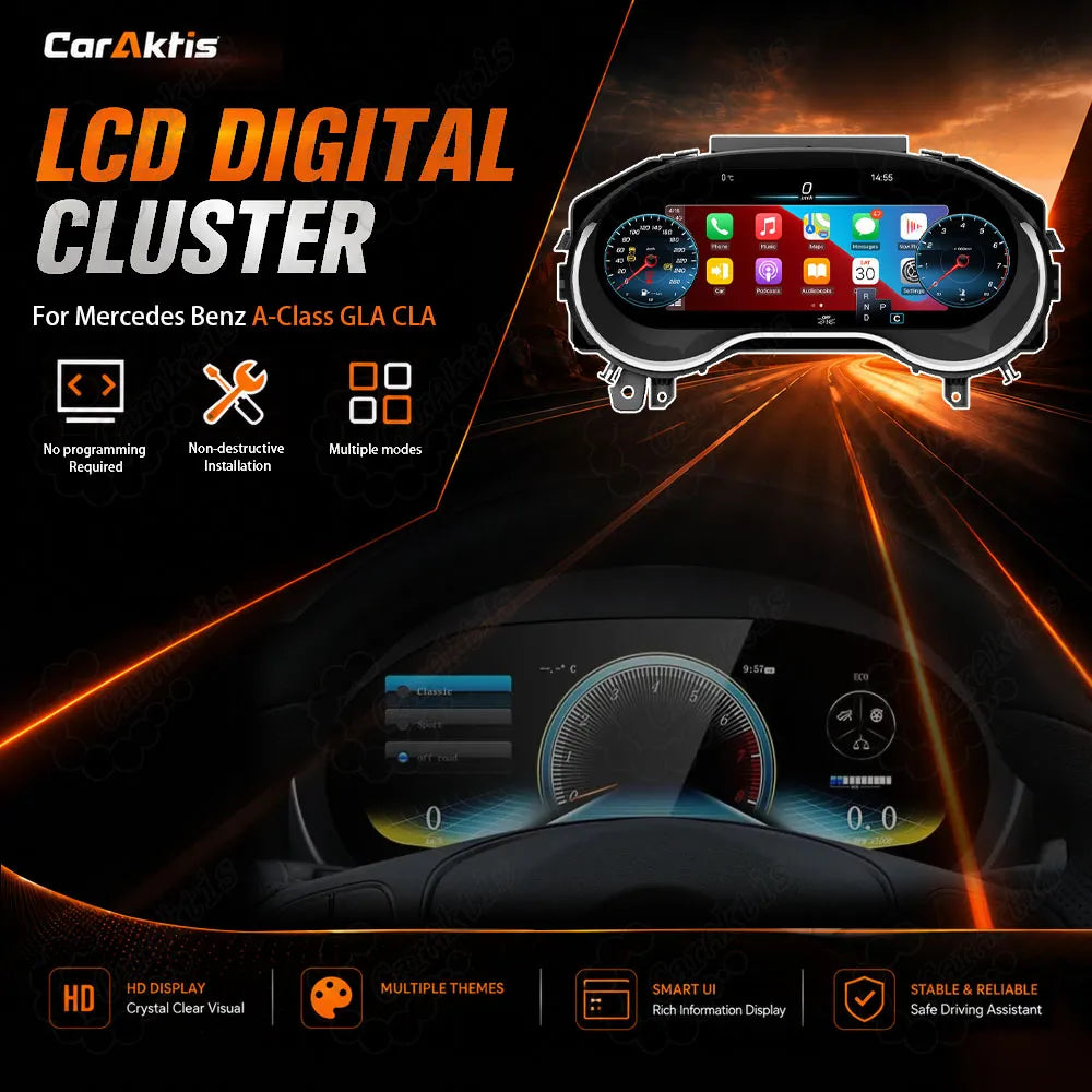 Caraktis 12.3-inch Ultra-HD Digital Instrument Cluster Upgrade for Mercedes-Benz A-Class, CLA, and GLA with instant 2-second startup.