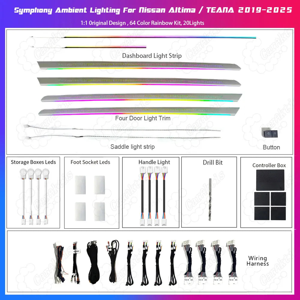 64-Color LED Ambient Interior Lighting Kit for Nissan Altima / Teana (2019-2025) - App Control Atmosphere Lights