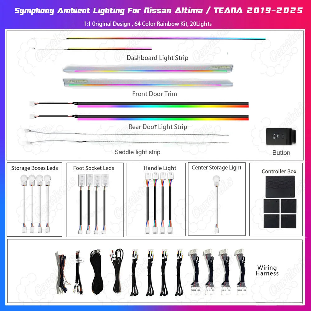 64-Color LED Ambient Interior Lighting Kit for Nissan Altima / Teana (2019-2025)