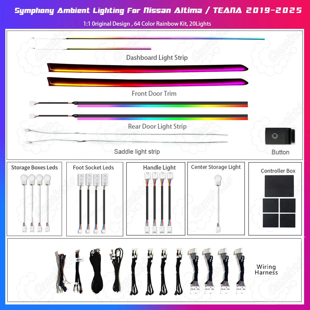 64-Color LED Ambient Interior Lighting Kit for Nissan Altima / Teana (2019-2025)