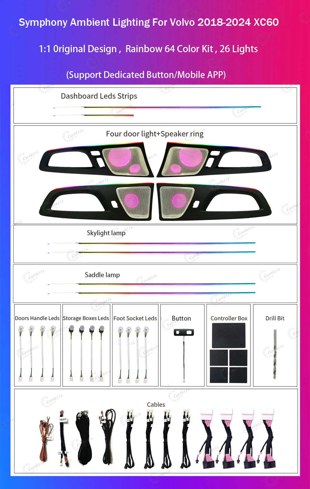 CarAkits LED Ambient Light For Volvo XC60 2018-2024 Dynamic Lighting Automotive Interior Decoration 64 Color