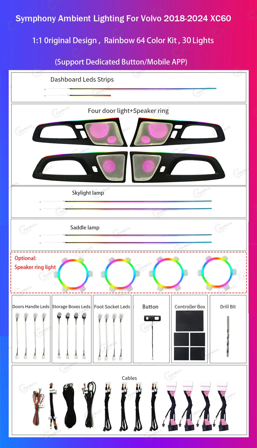 CarAkits LED Ambient Light For Volvo XC60 2018-2024 Dynamic Lighting Automotive Interior Decoration 64 Color