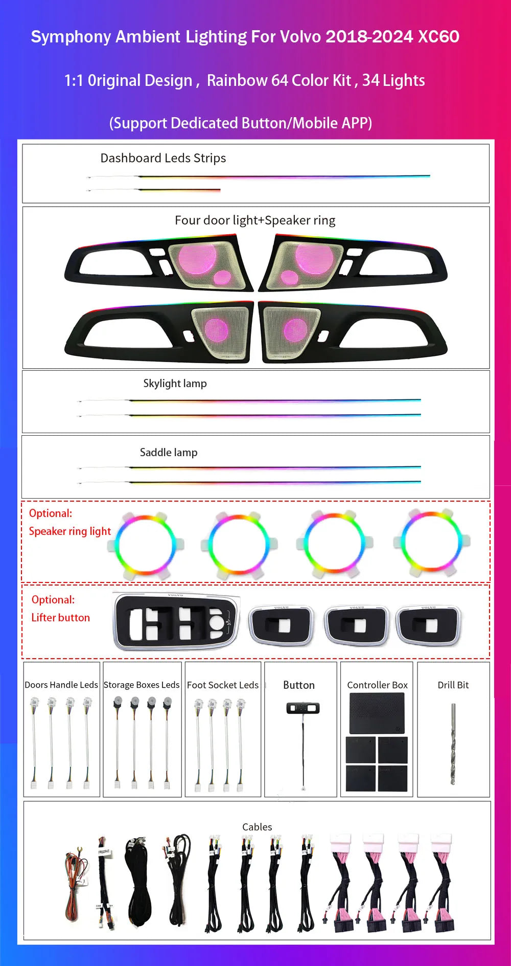 CarAkits LED Ambient Light For Volvo XC60 2018-2024 Dynamic Lighting Automotive Interior Decoration 64 Color