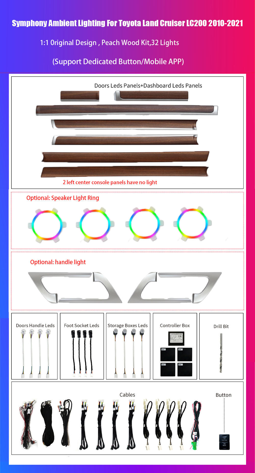 Upgrade 64 Colors Led Car Interior Ambient Lighting for Toyota Land Cruiser LC200 2008-2021 Accessories