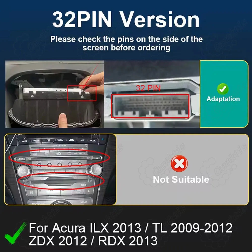 32-PIN version adapter screen check for Acura ILX 2013, TL 2009-2012, ZDX 2012, and RDX 2013 compatibility.