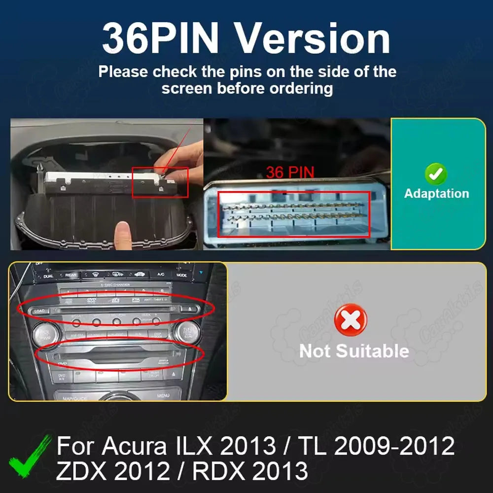 36-PIN version adaptation check and pin configuration for Acura ILX, TL, ZDX, and RDX infotainment upgrade.