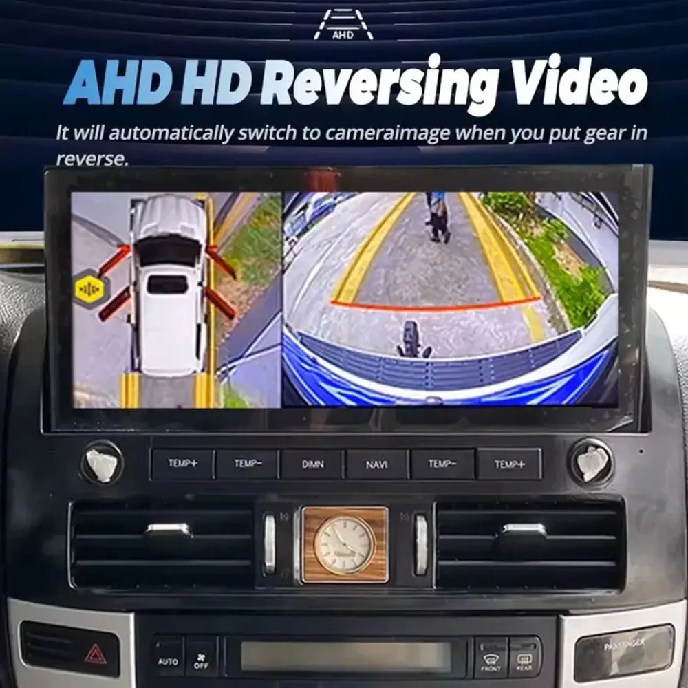 AHD HD reversing video and 360 degree parking camera display on 12.3-inch Lexus GX470 screen.