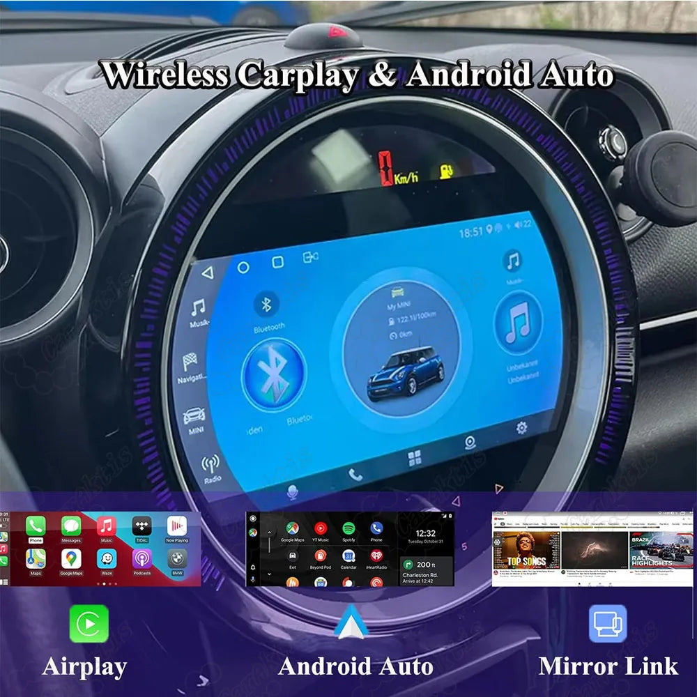 Android 13 Car Radio supporting AirPlay, Android Auto, and Mirror Link features for BMW Mini Cooper R56 R60 F54 F55 F56.