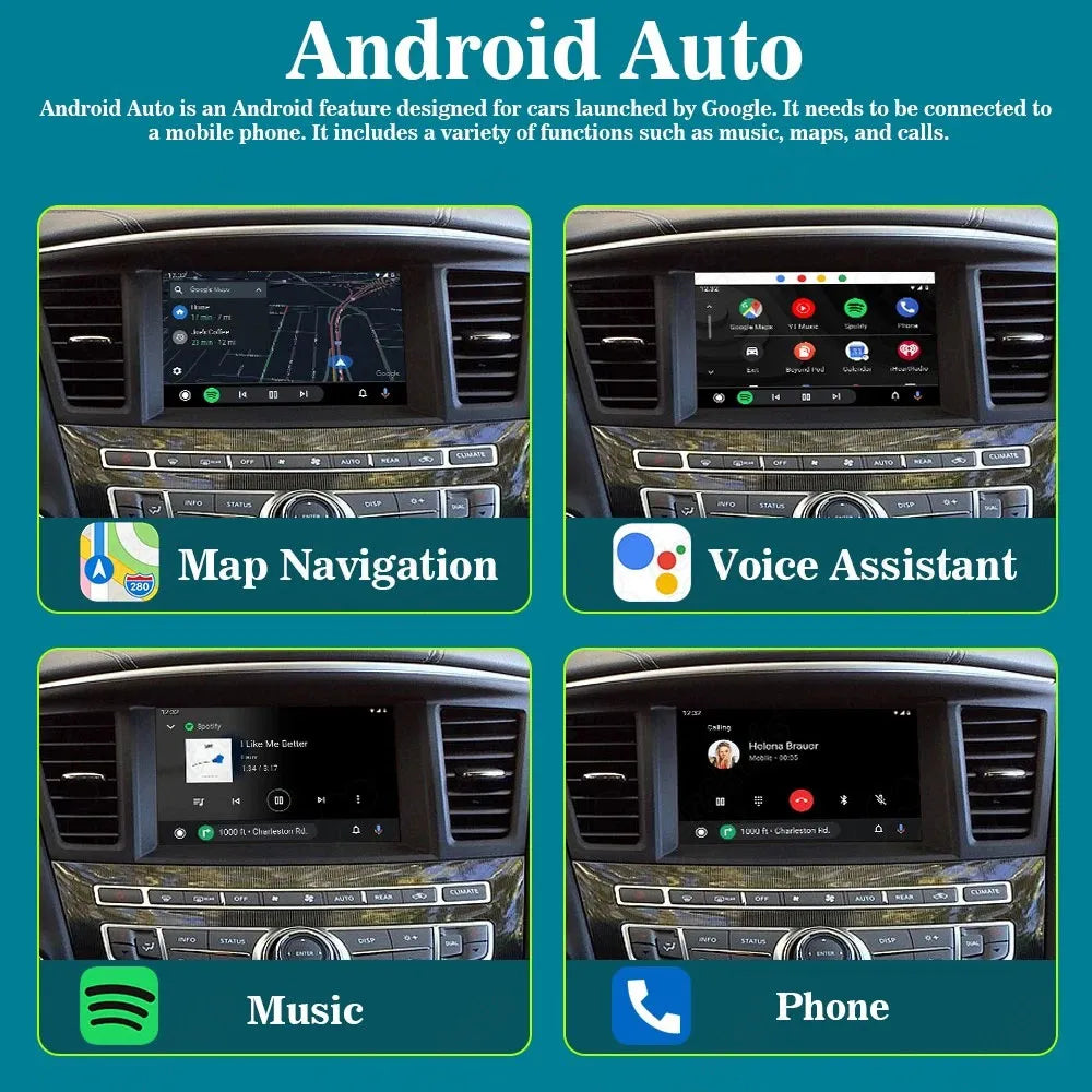 Four-panel product presentation illustrating Android Auto capabilities such as Google Maps navigation, Google Assistant, Spotify music playback, and hands-free phone calls.