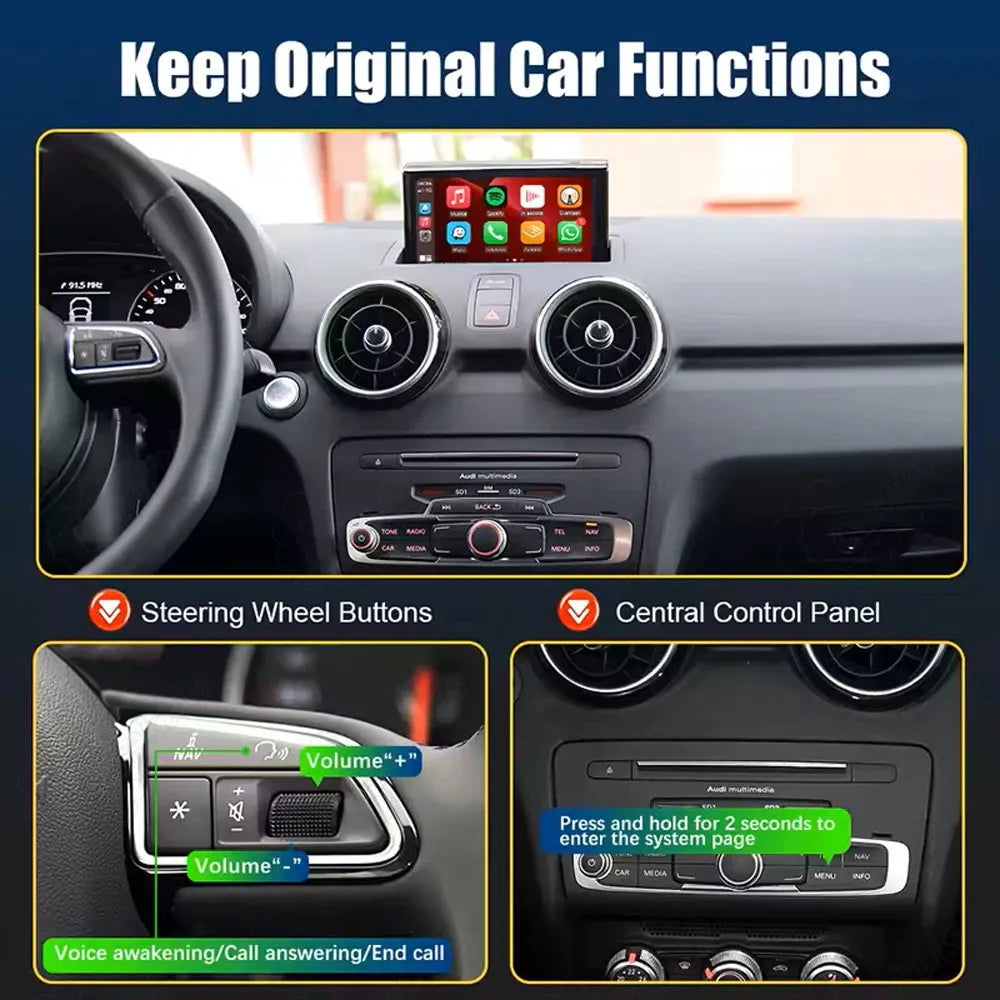 Control the CarPlay system using Audi A1 original steering wheel buttons and central MMI knob for seamless operation.