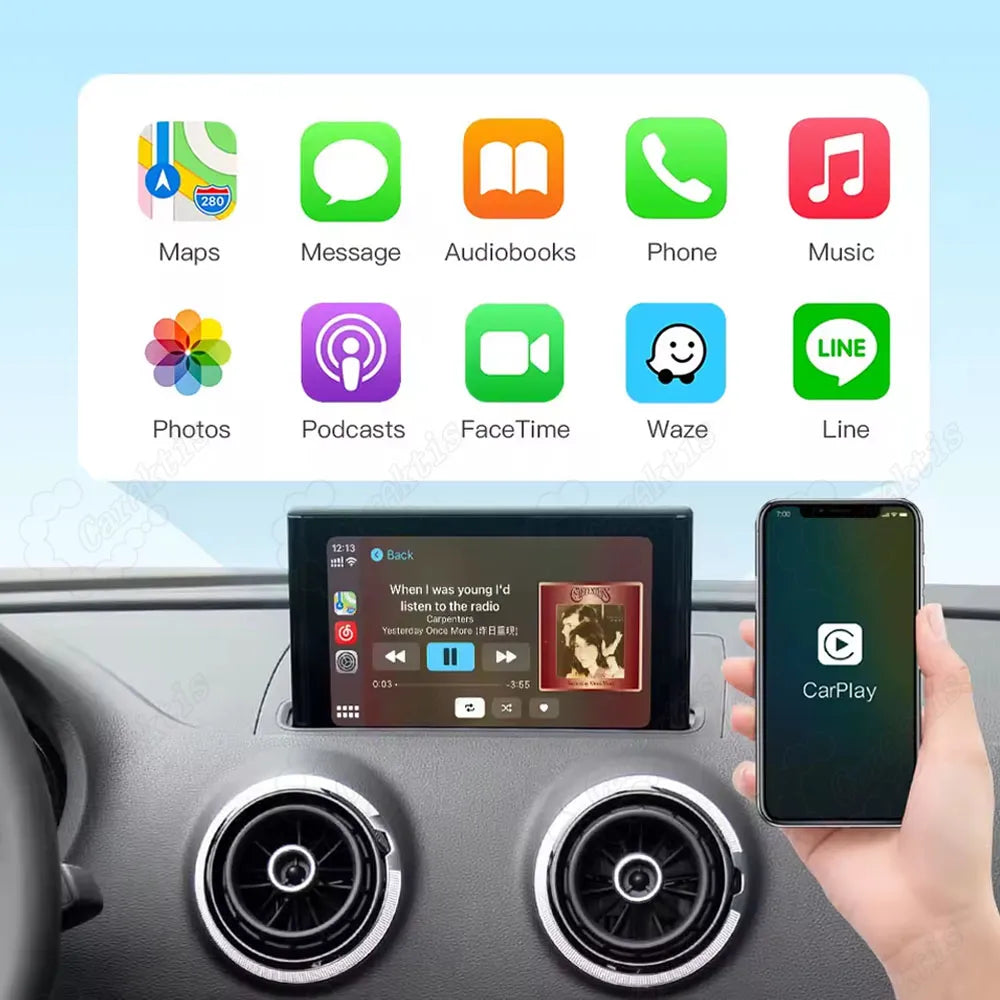 Key features of Audi A1 smartphone interface: Wireless Android Auto, CarPlay, voice control, USB playback, and front/rear camera support.