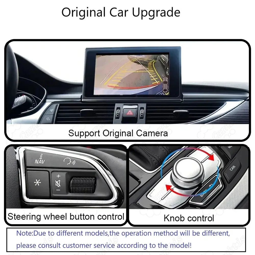 The CarPlay retrofit module perfectly supports the Audi A1 original reverse camera and parking sensor display.