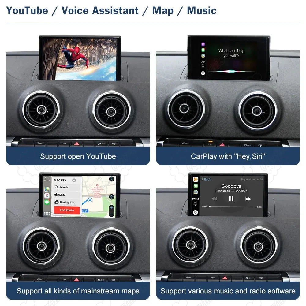 Apple CarPlay on Audi A3 display featuring YouTube, Siri voice assistant, GPS maps, and music apps.