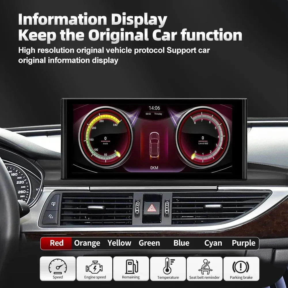 High resolution dashboard display on Audi A6 A7 screen showing speed, RPM, fuel level, and car info.