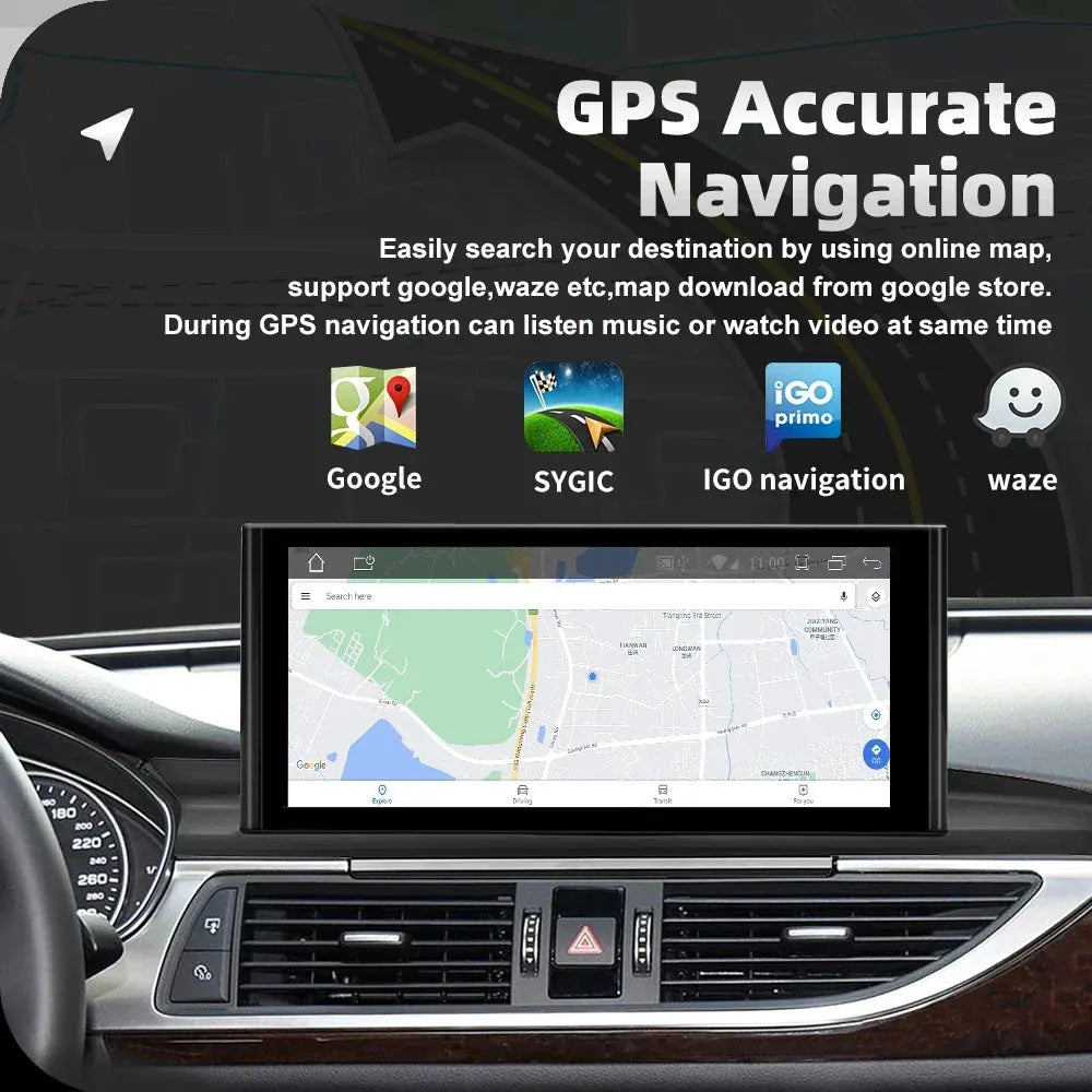Audi A6 A7 car screen supporting wireless CarPlay, wireless Android Auto, MirrorLink, and GPS navigation maps.